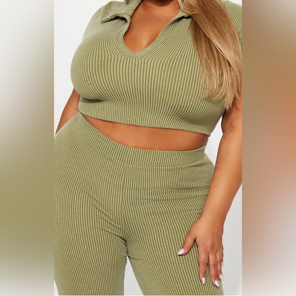 Olive Ribbed Crop Top and Pants Set